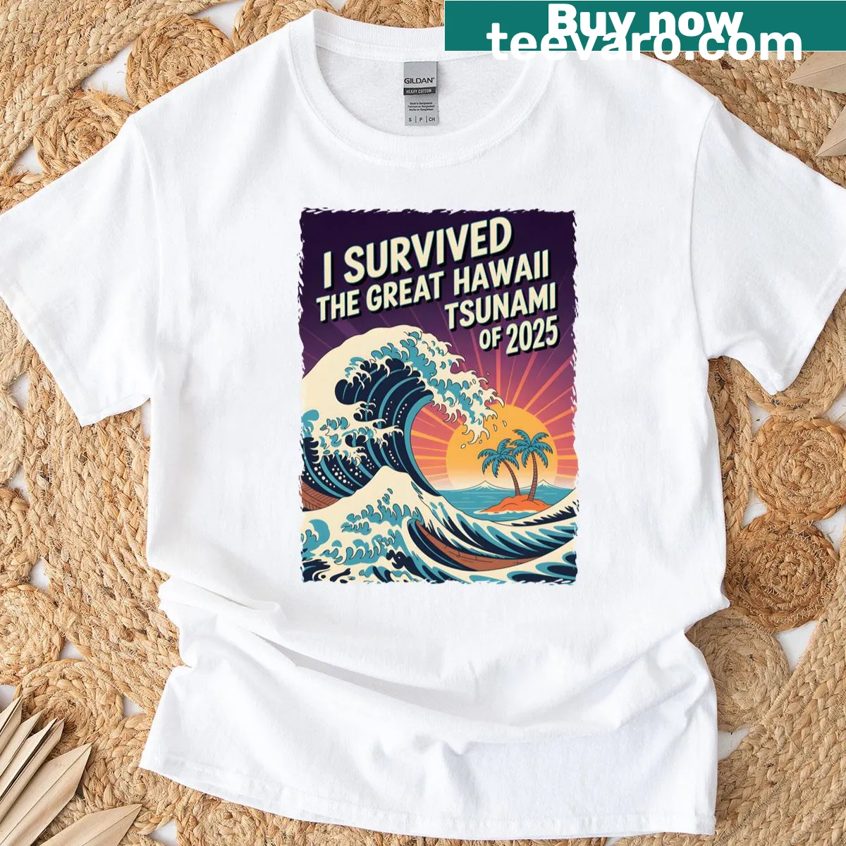 Sarcastic T-shirt about surviving a fictional tsunami — on a men's t-shirt