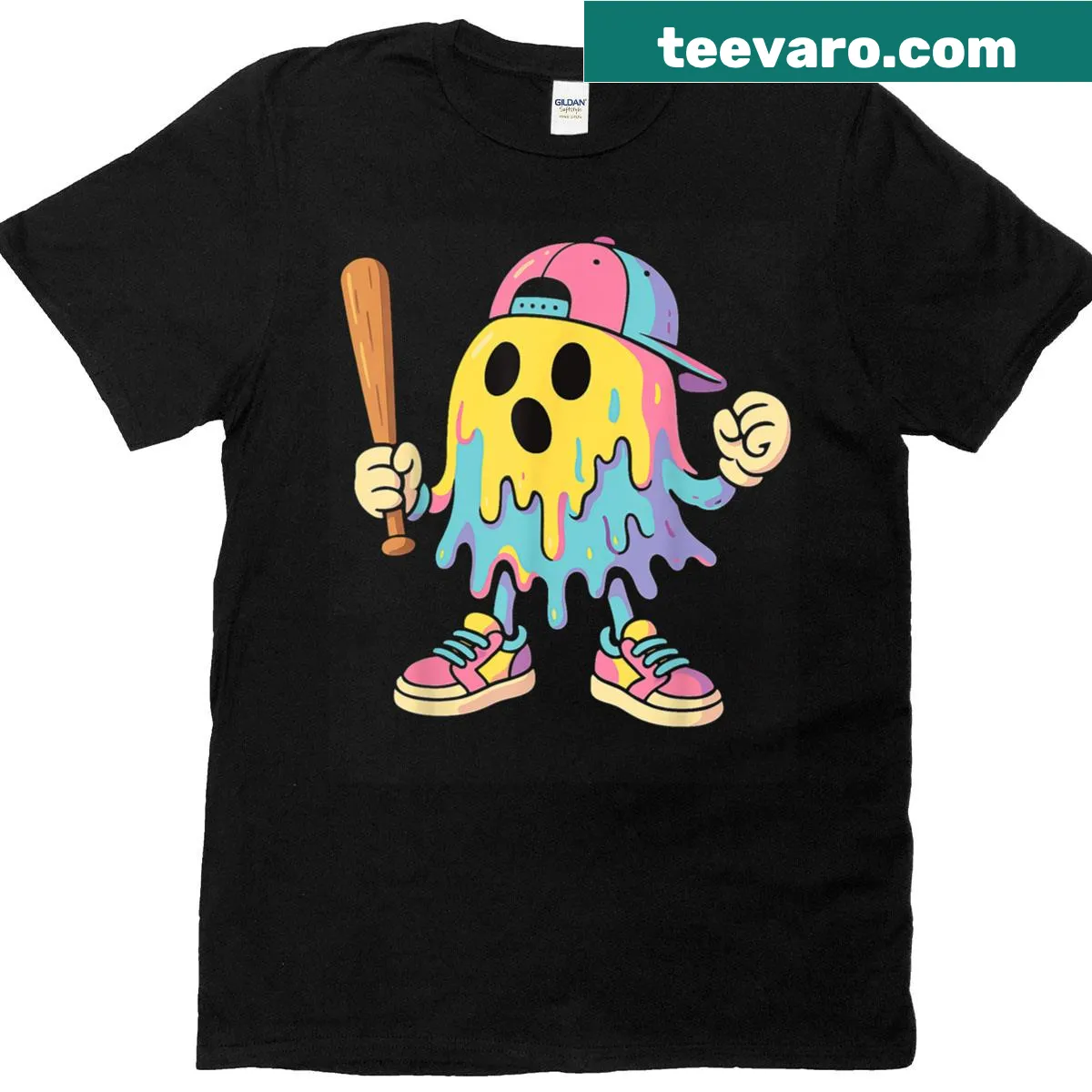 Colorful Halloween T-shirt with ice cream drip ghost design — on a men's t-shirt