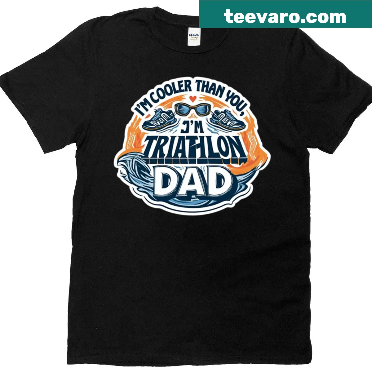Funny triathlon dad t-shirt with the phrase 'I'm Cooler Than You' and sports icons. — on a men's t-shirt