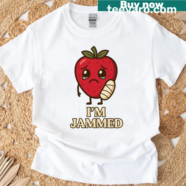 Funny T-shirt featuring a jammed strawberry graphic with a cast