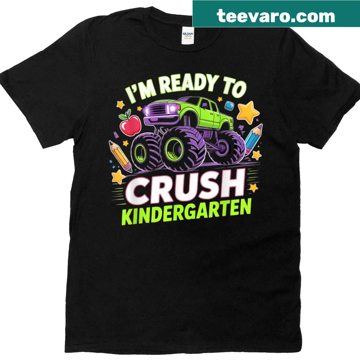 Illustration of a monster truck for kids, perfect for kindergarten enthusiasts. — on a men's t-shirt