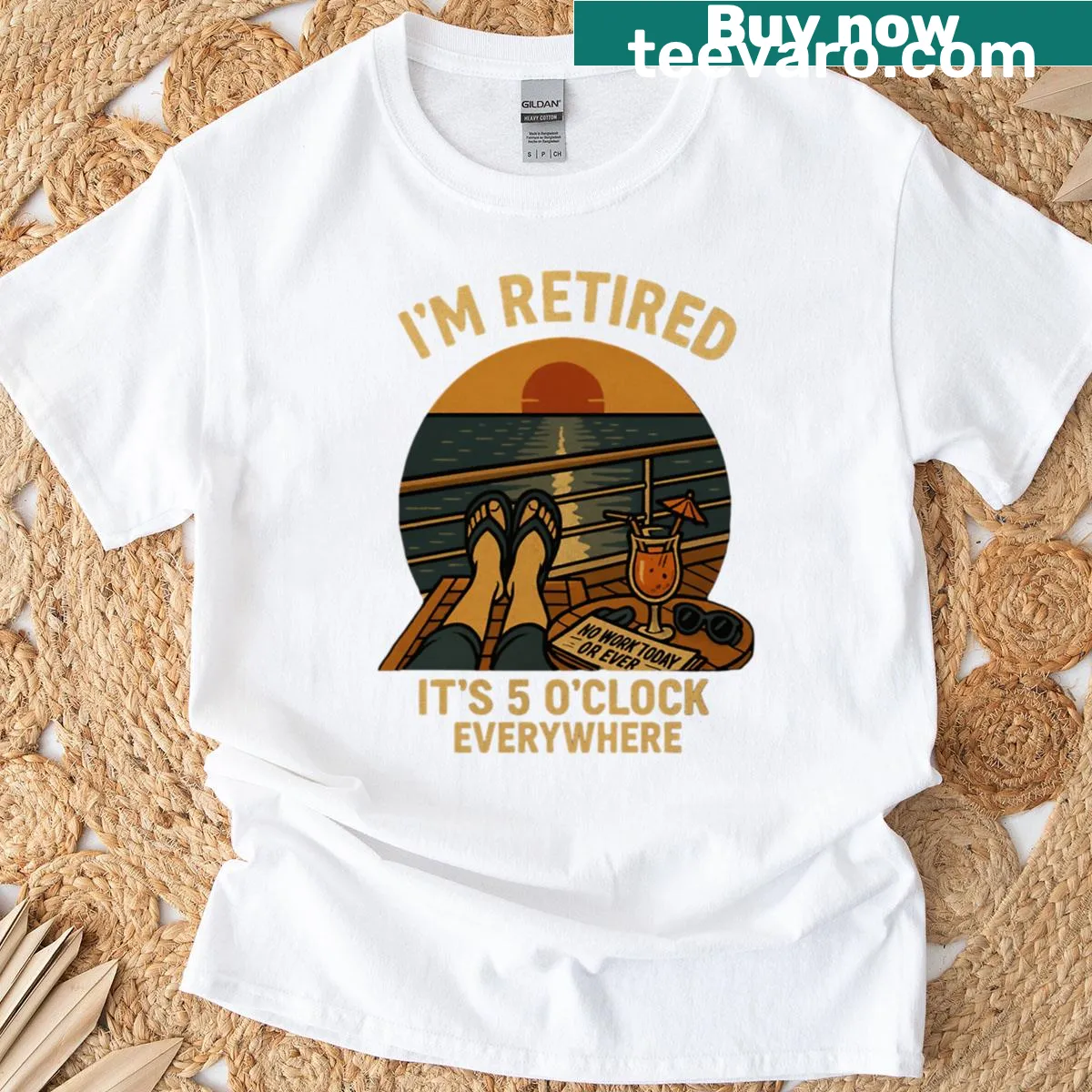 Funny retirement t-shirt with 'It's 5 O'clock Everywhere' text — on a men's t-shirt