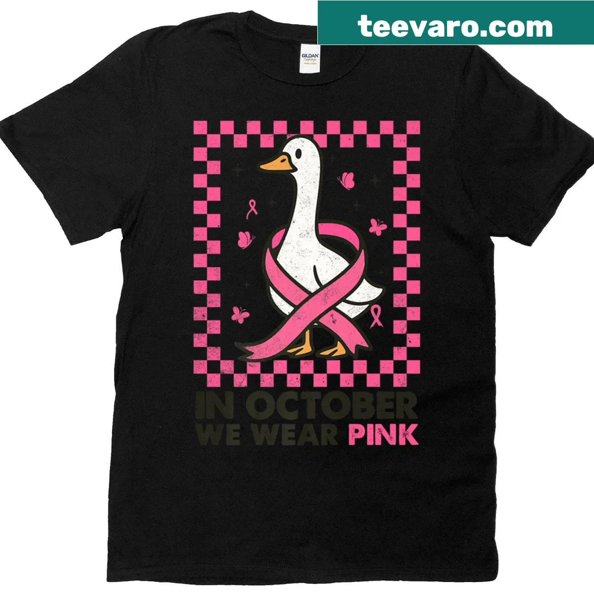 Goose graphic with pink theme for breast cancer awareness on a women's t-shirt — on a men's t-shirt