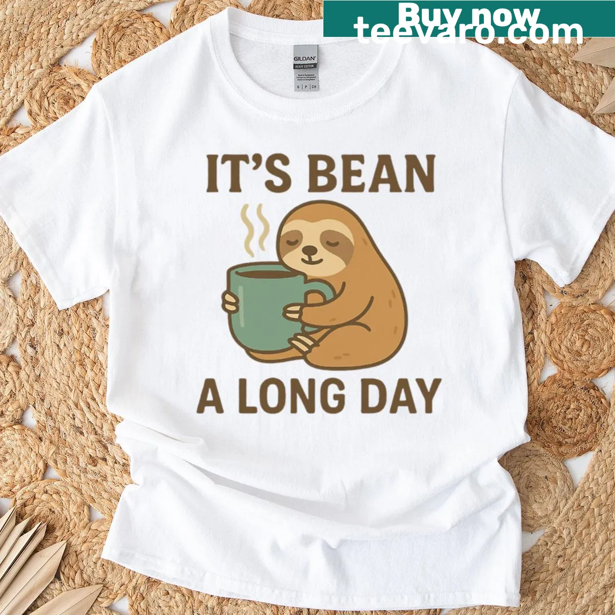 Cute sloth with coffee cup and humorous text about long days — on a men's t-shirt