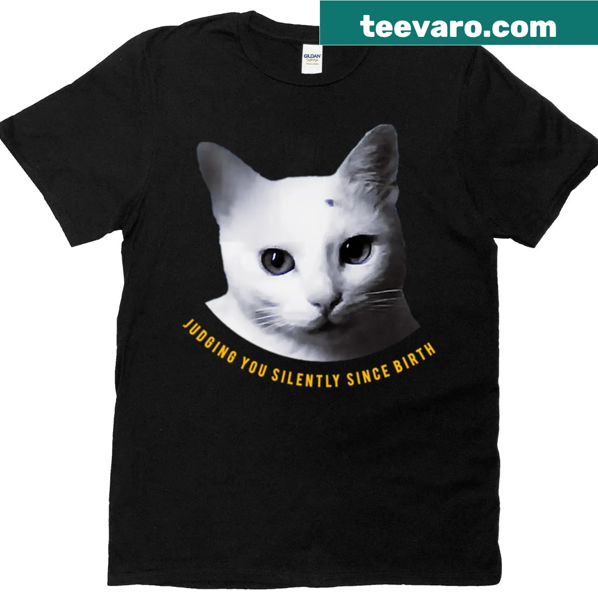 Cartoon cat head with a judging expression on a t-shirt — on a men's t-shirt