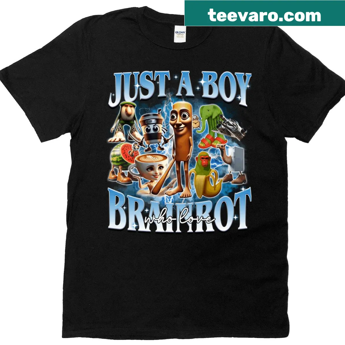 Funny t-shirt with 'Just A Boy Brainrot Who Love Meme Genz' phrase. — on a men's t-shirt