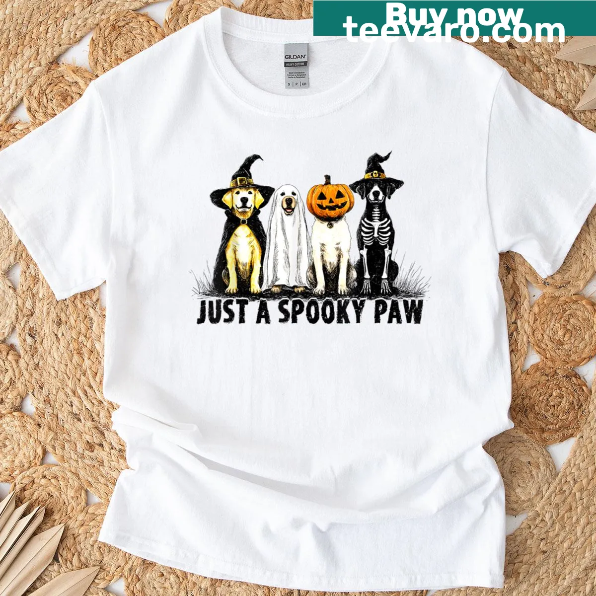 Cute dog Halloween T-shirt with ghost and paw print design — on a men's t-shirt
