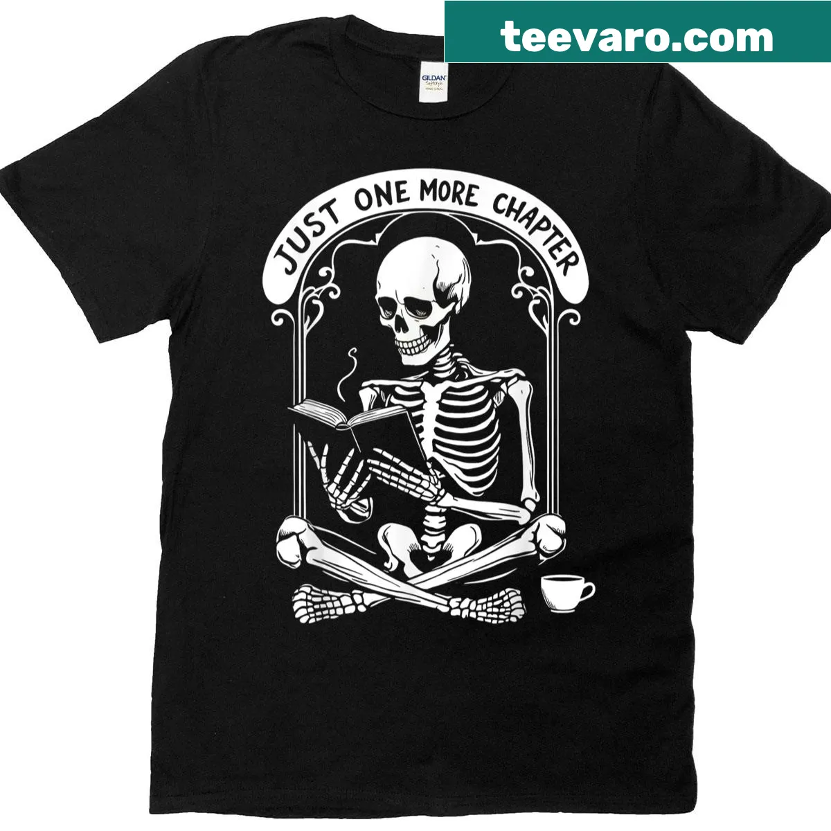 Skeleton with coffee and books Halloween T-shirt design — on a men's t-shirt