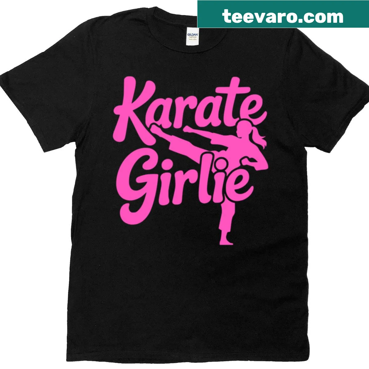 Pink Karate Girl T-shirt with cartoon design — on a men's t-shirt