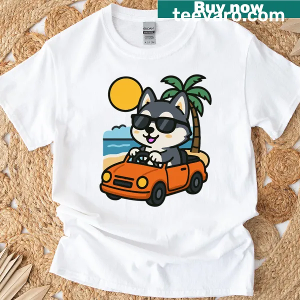 Cute summer design featuring a cartoon husky on a beach drive
