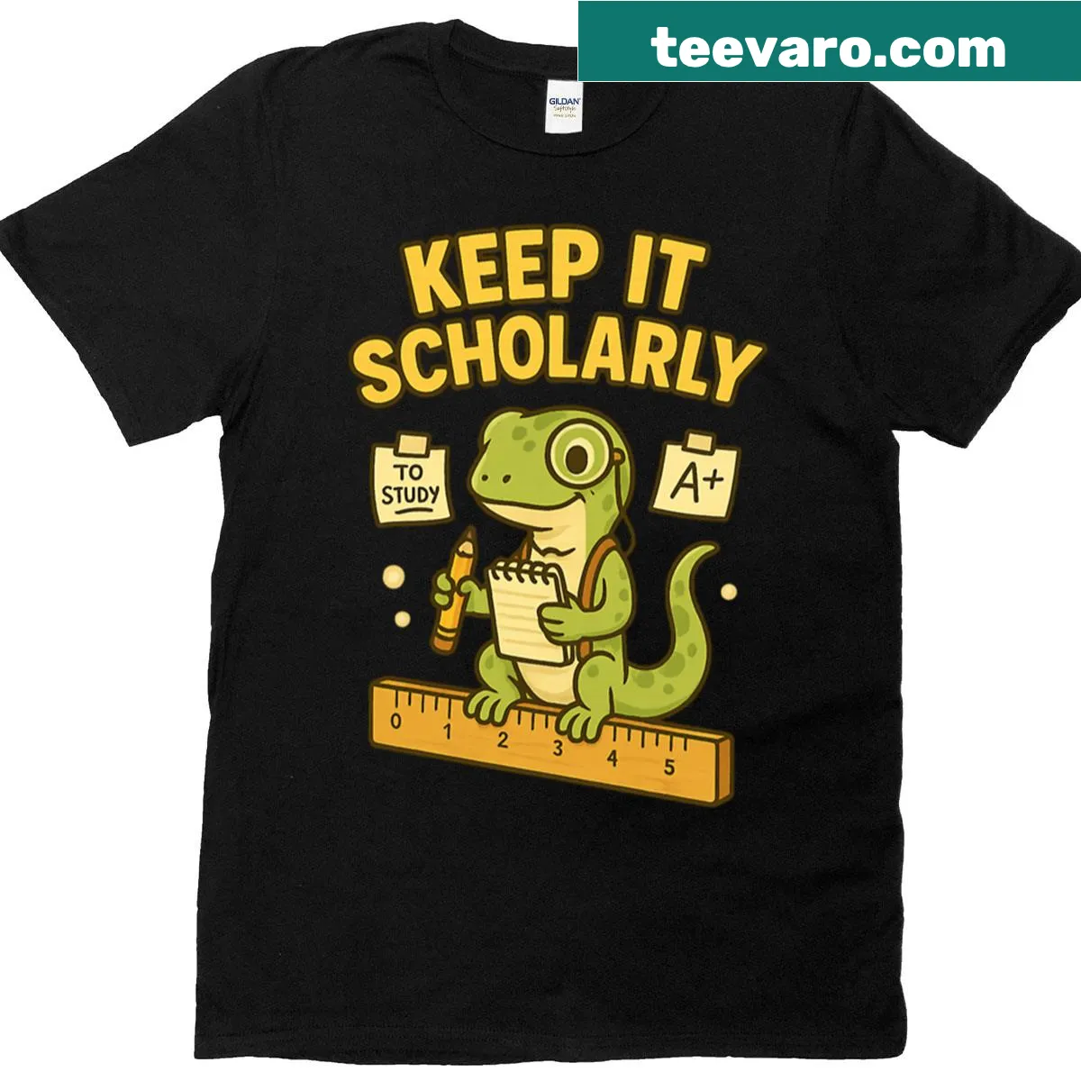 Smart gecko graphic promoting scholarly spirit — on a men's t-shirt