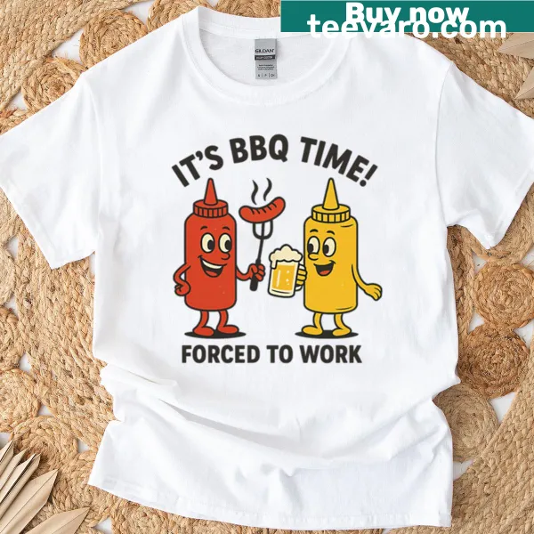 Whimsical T-shirt with illustrations of ketchup, mustard, and sausages