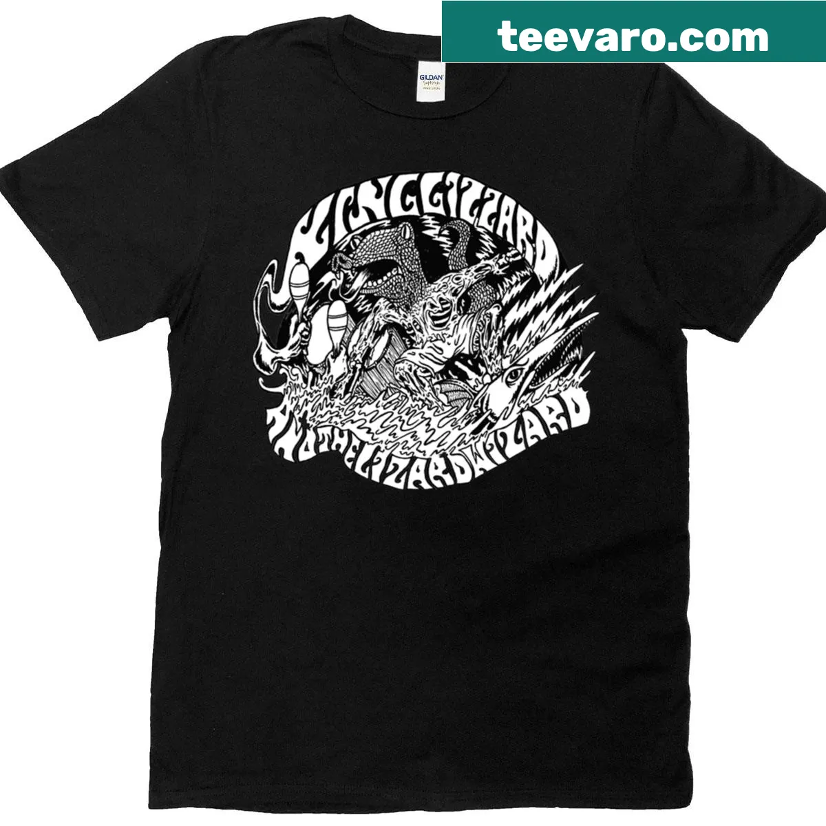 Funny band t-shirt featuring King Gizzard And Wizard Lizard design — on a men's t-shirt
