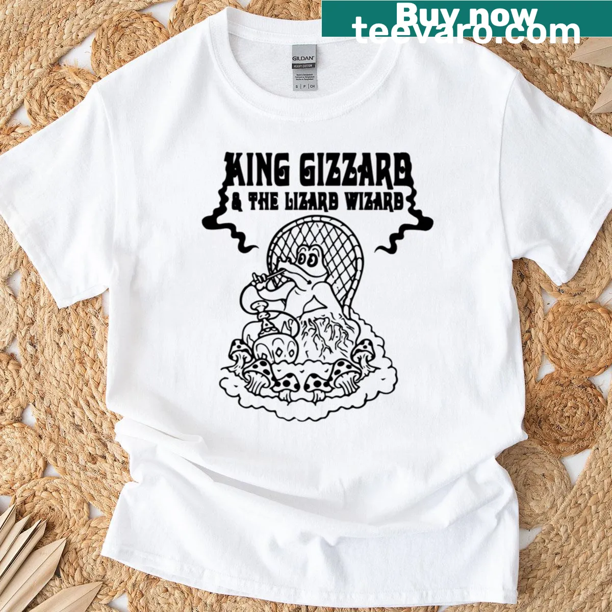 Funny T-shirt celebrating the band King Gizzard & The Lizard Wizard — on a men's t-shirt