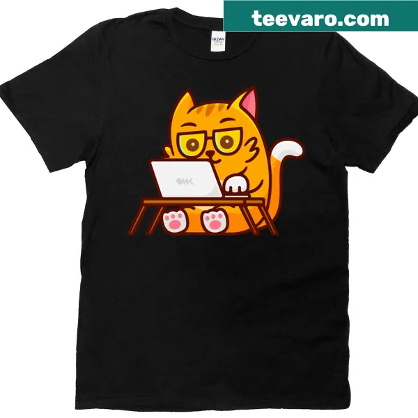 Cute illustration of a kitty working on a laptop