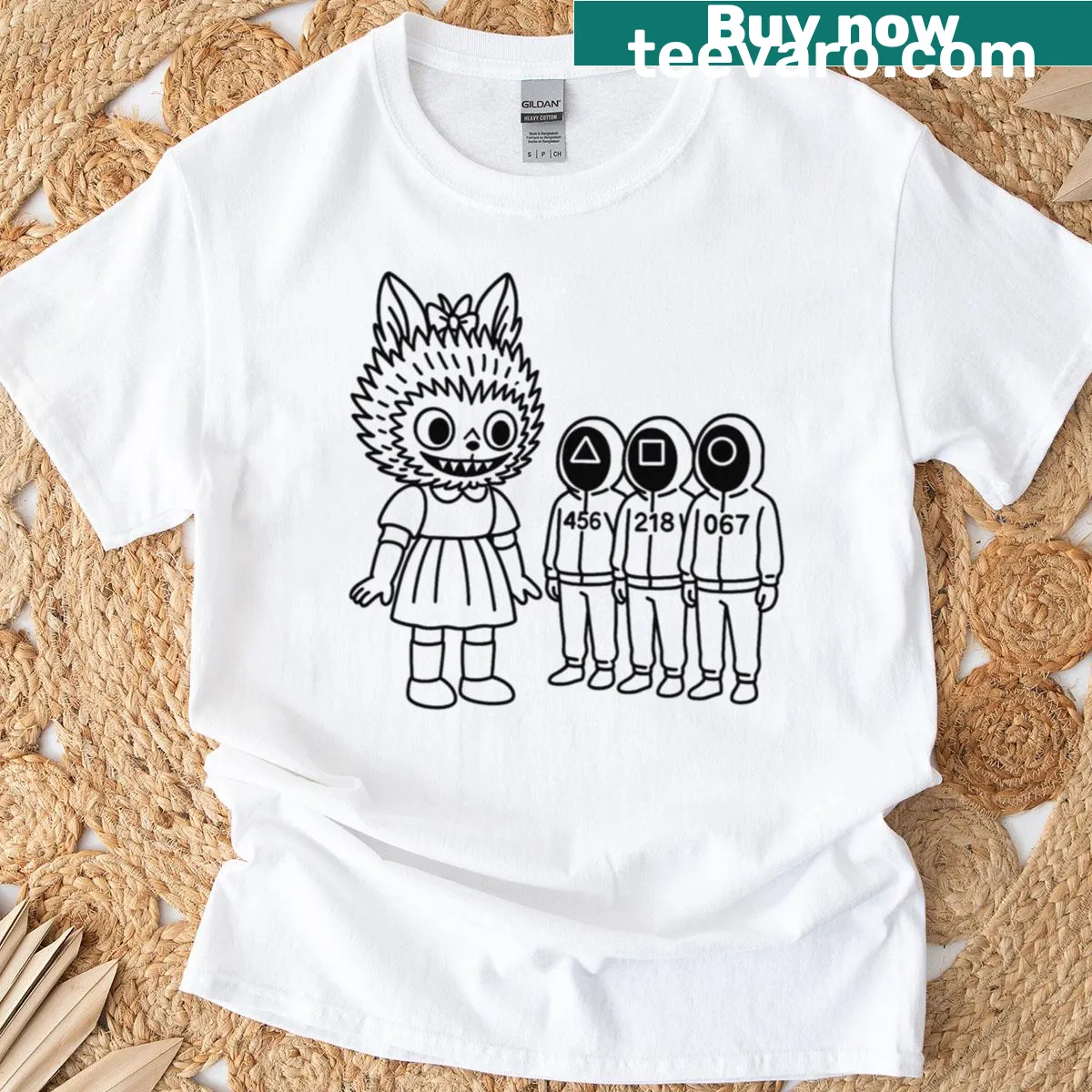 Minimalist black line illustration of Labubu and a squid on t-shirt — on a men's t-shirt