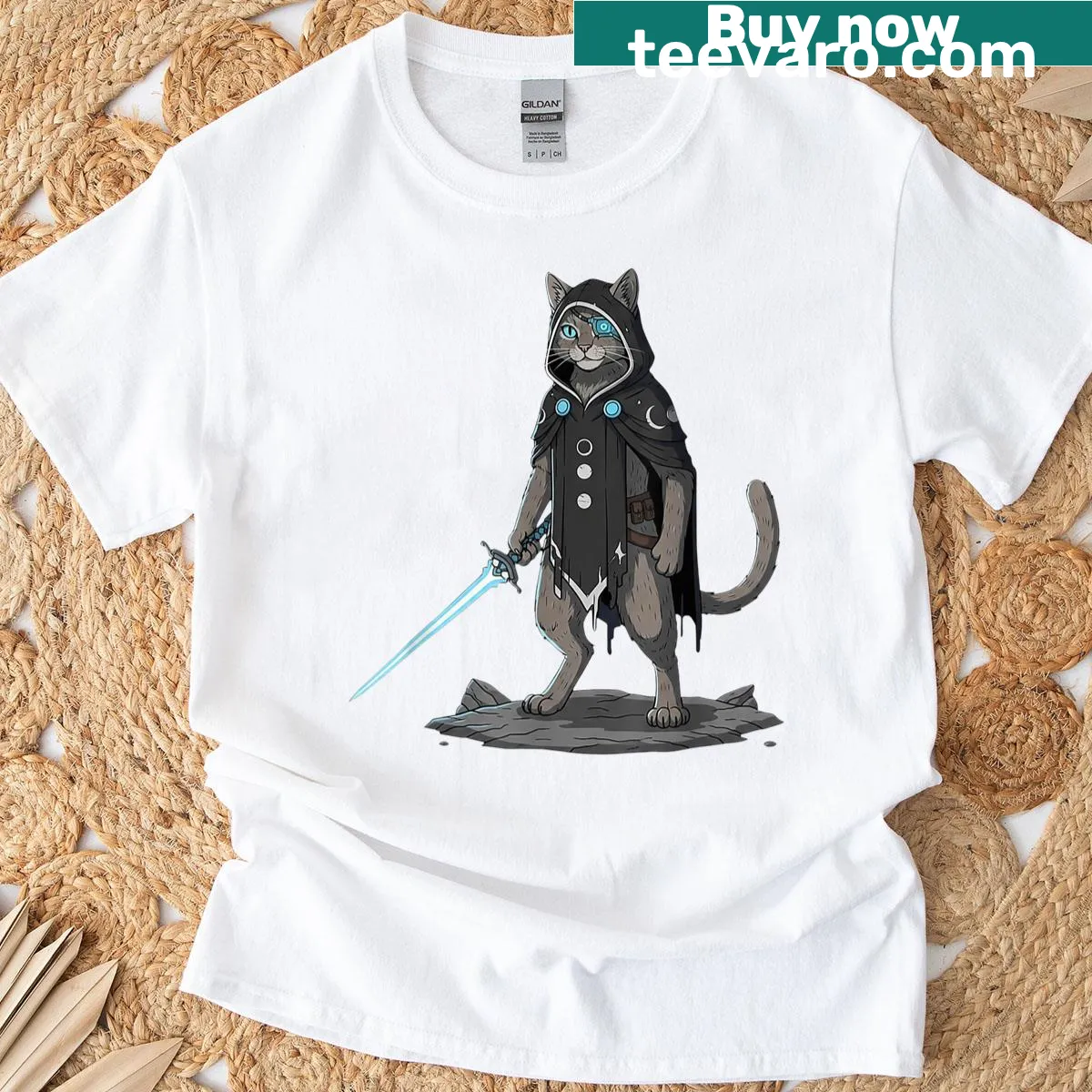 Cartoon cat wielding a laser sword in space-themed design — on a men's t-shirt