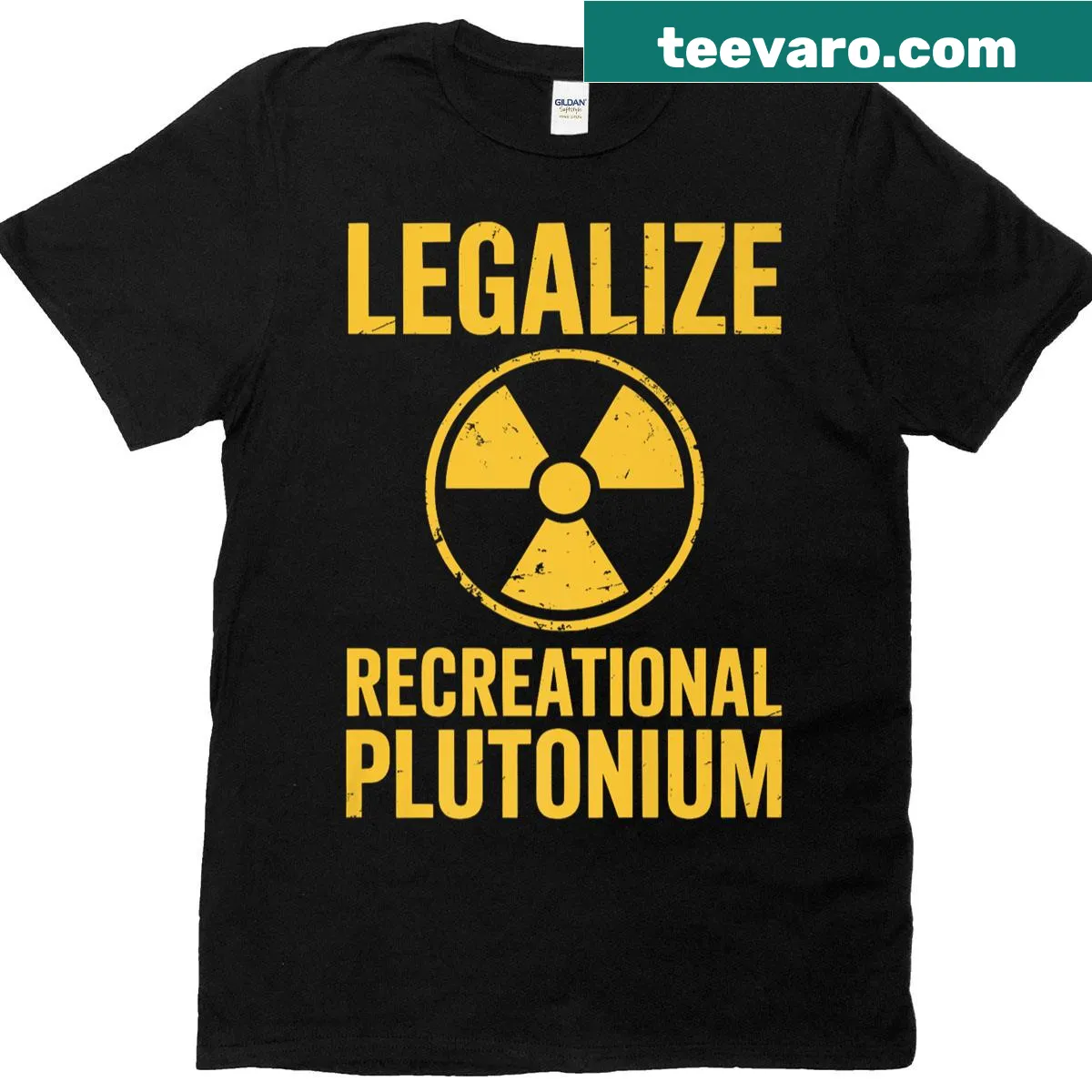 Bold text T-shirt advocating for recreational plutonium — on a men's t-shirt
