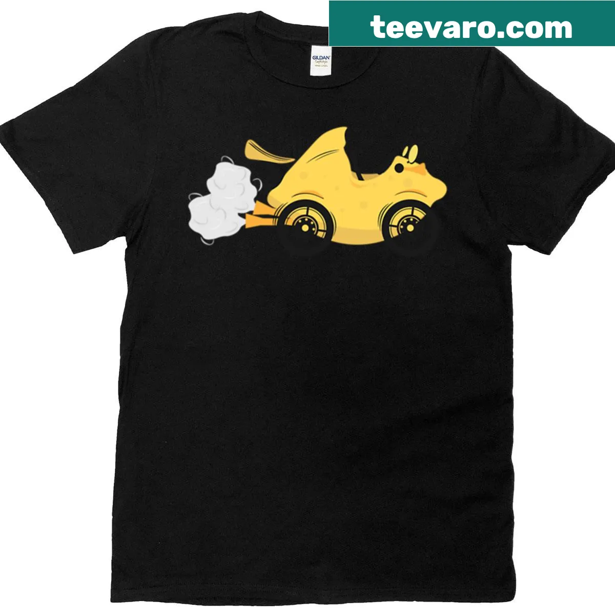 Whimsical lemon race car illustration T-shirt — on a men's t-shirt