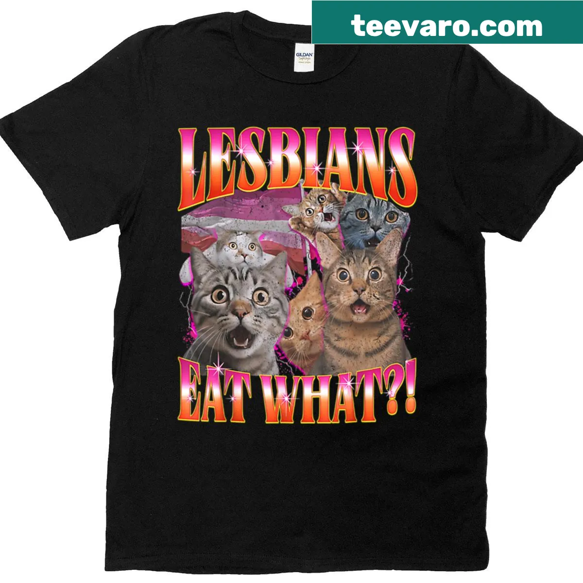 Humorous t-shirt with text 'Lesbians Eat What' — on a men's t-shirt