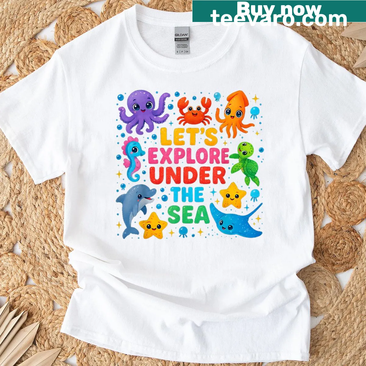 Underwater exploration design featuring sea creatures on T-shirt — on a men's t-shirt