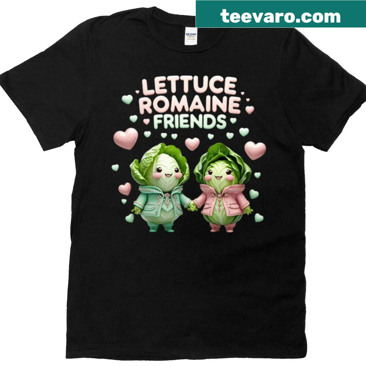 Cute T-shirt with a vegetable pun 'Lettuce Romaine Friends' and whimsical design. — on a men's t-shirt