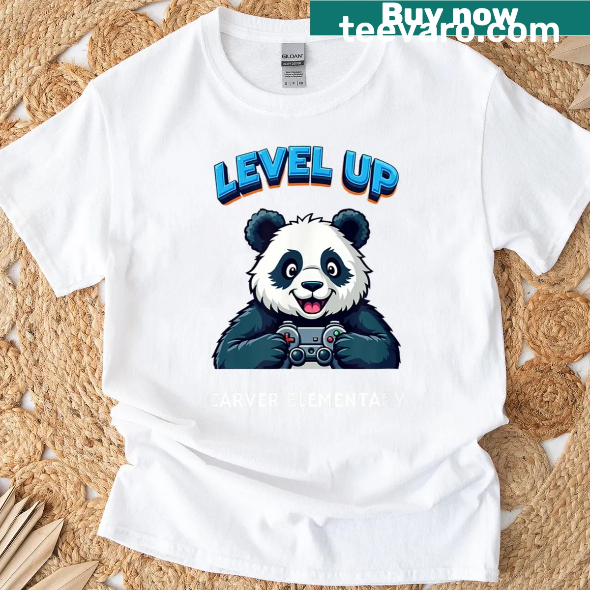 Playful panda bear gaming T-shirt with level up design — on a men's t-shirt