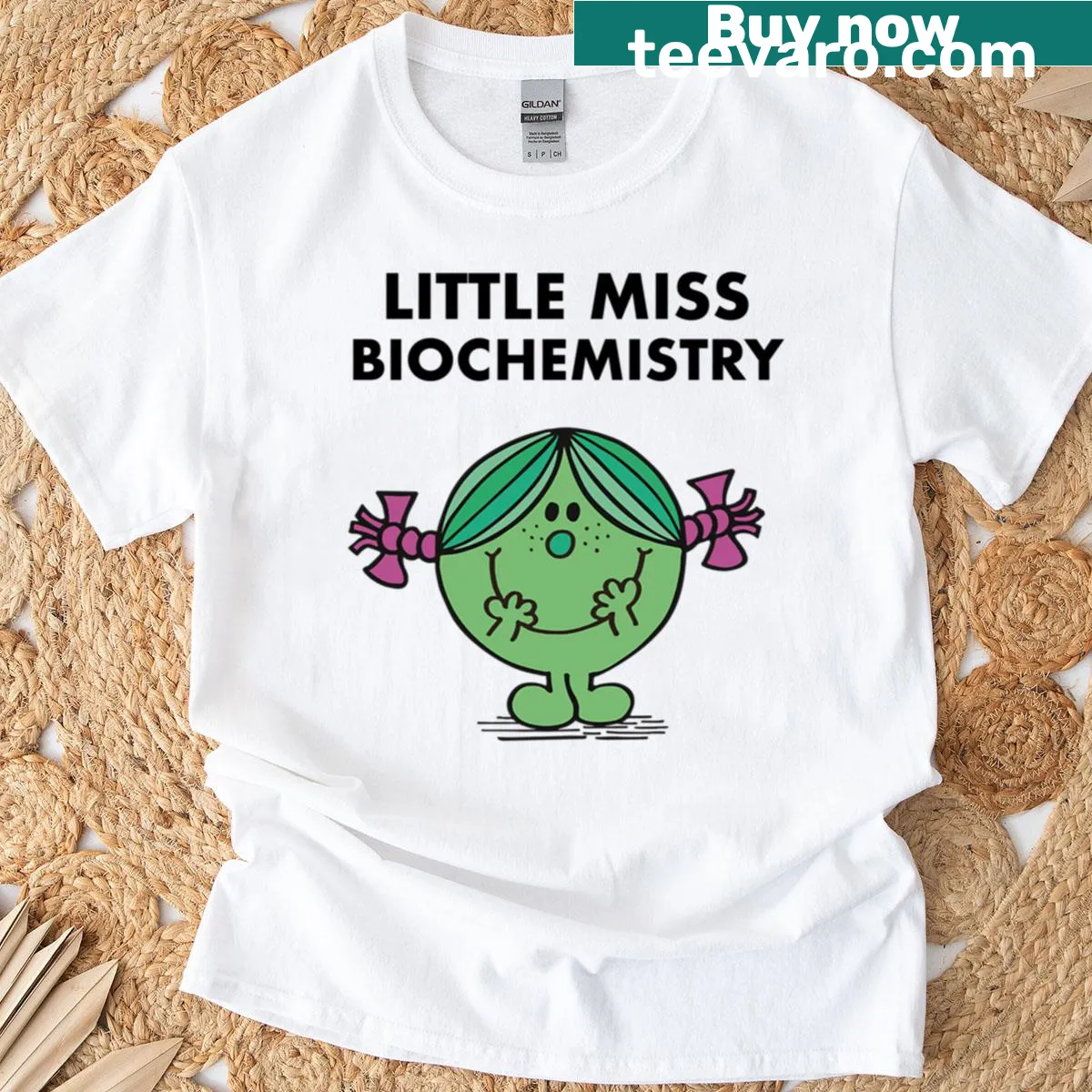 Text graphic of 'Little Miss Biochemistry' on the T-shirt — on a men's t-shirt