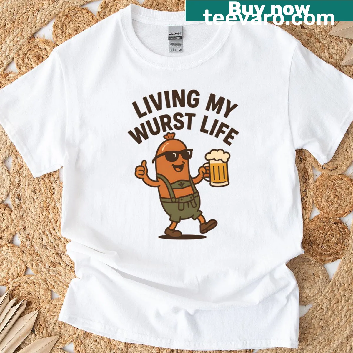 Oktoberfest themed t-shirt with Living My Wurst Life text — on a men's t-shirt