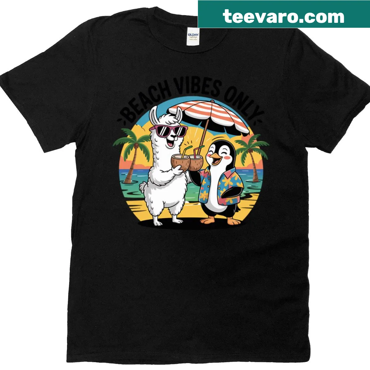 Whimsical illustration of a llama and penguin at a beach bar — on a men's t-shirt