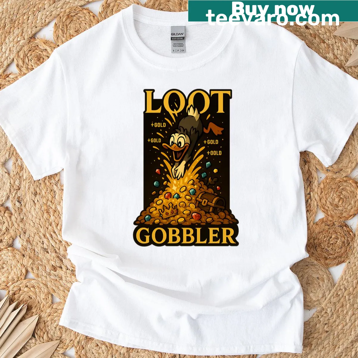 T-shirt featuring a treasure hoarding duck design — on a men's t-shirt