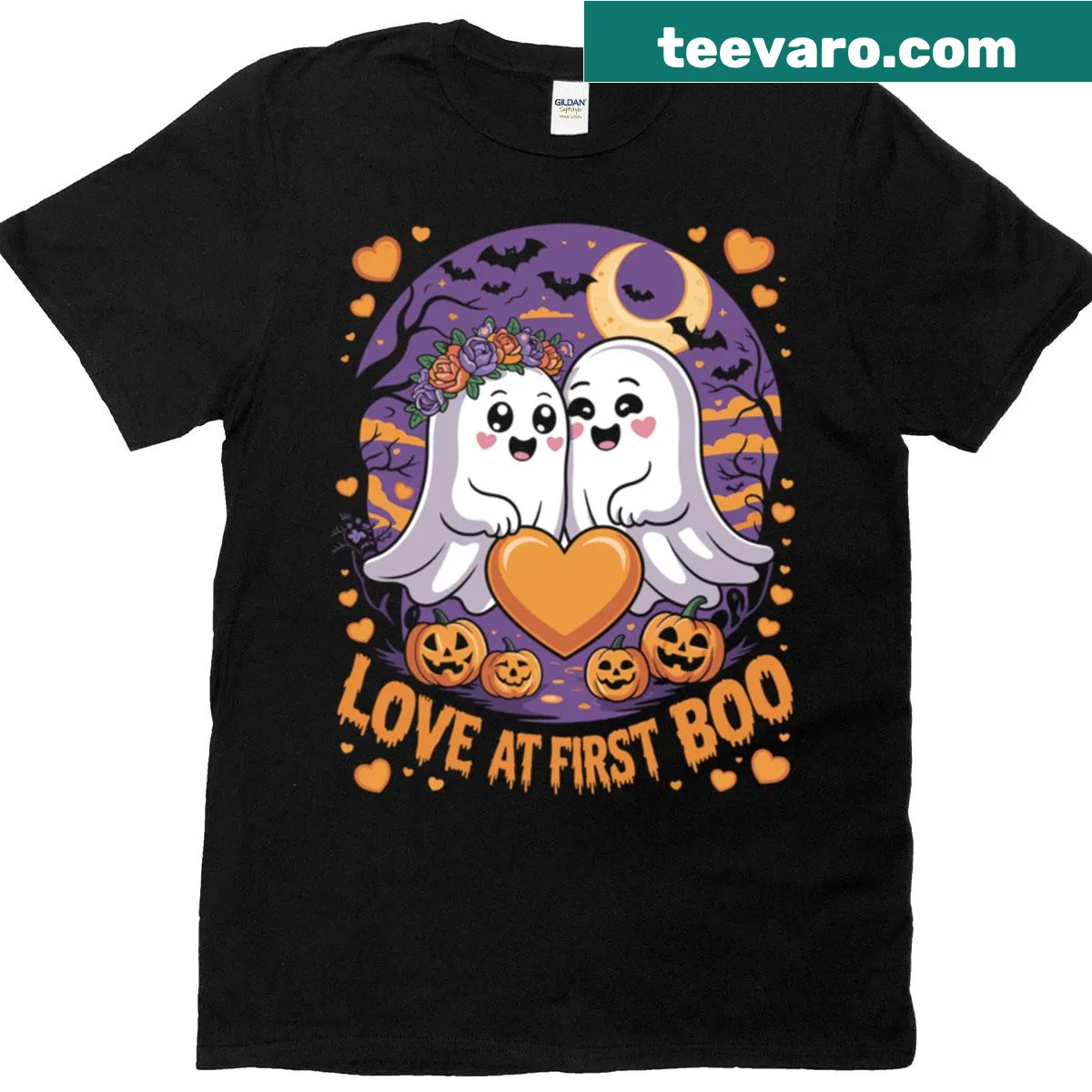 Cute ghosts with floral elements for Halloween couple t-shirt — on a men's t-shirt