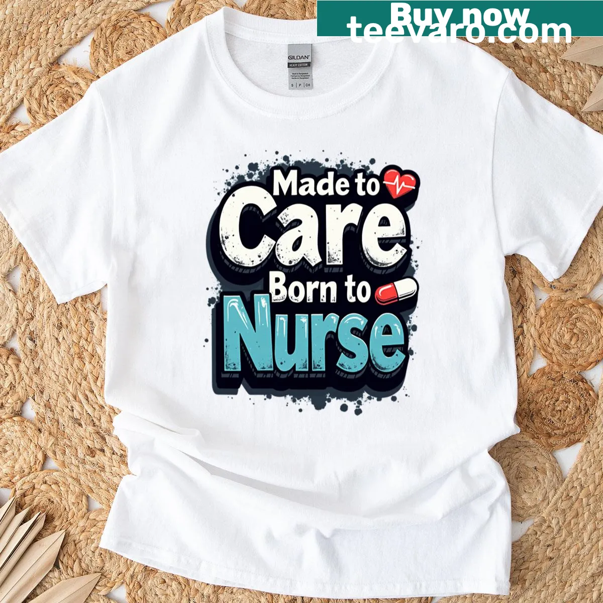 Nurse-themed T-shirt with caring message and typography — on a men's t-shirt