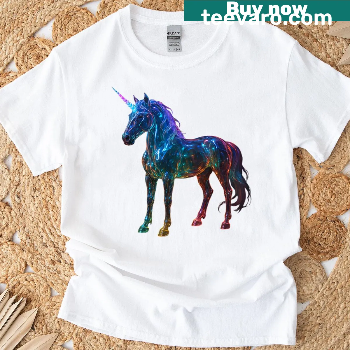 Enchanting unicorn graphic T-shirt with fantasy art design — on a men's t-shirt