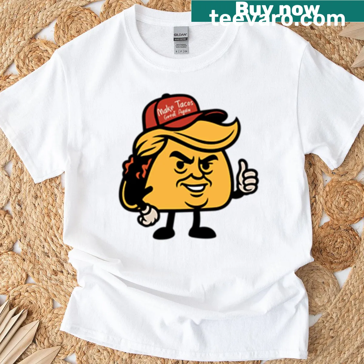 Playful typography T-shirt featuring 'Make Tacos Great Again' phrase — on a men's t-shirt