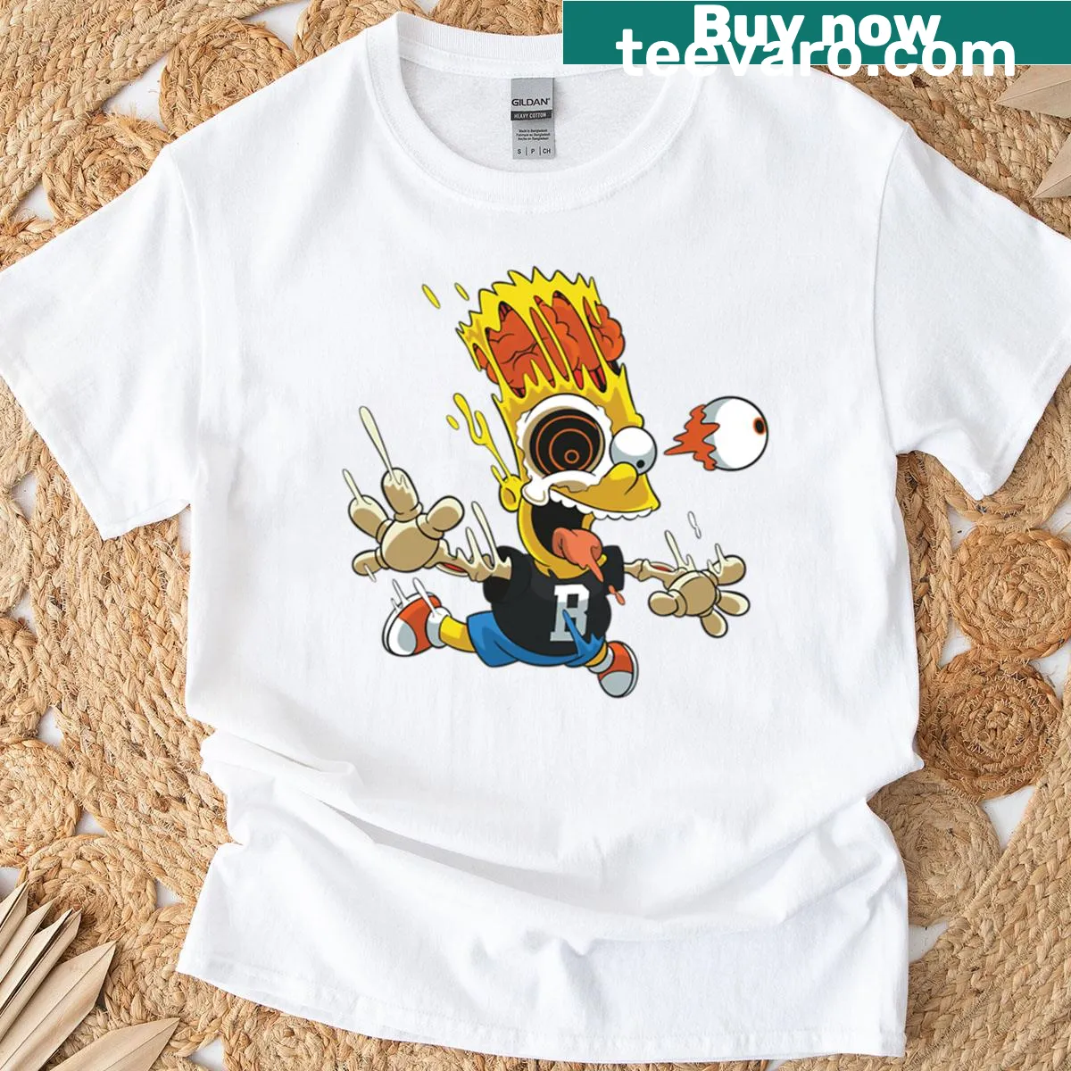 Trippy cartoon chaos design with vintage distressed style — on a men's t-shirt
