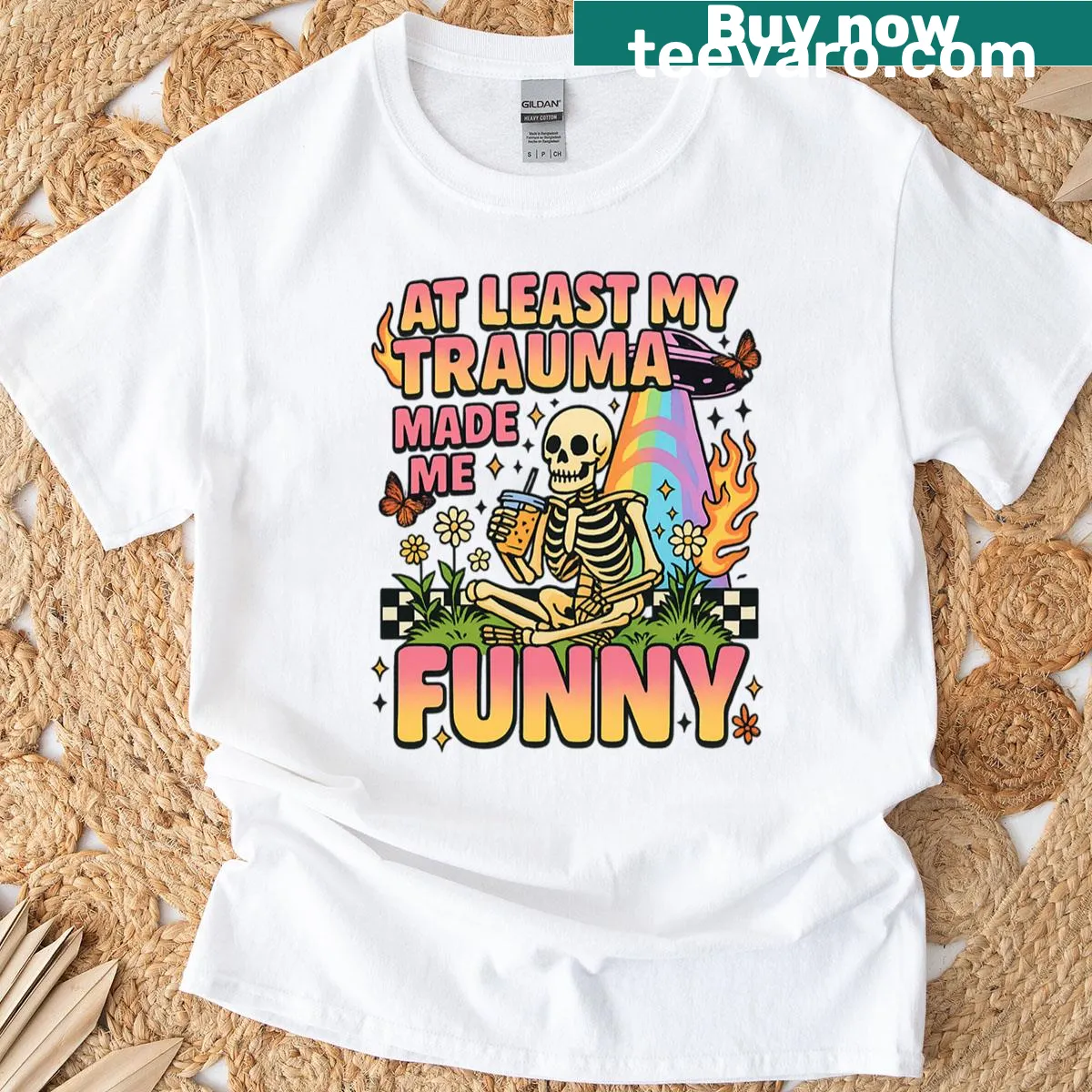 Sarcastic quote graphic on a skeleton design mental health t-shirt — on a men's t-shirt
