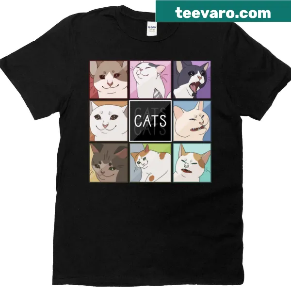 T-shirt with cartoon graphics of various funny meme cats