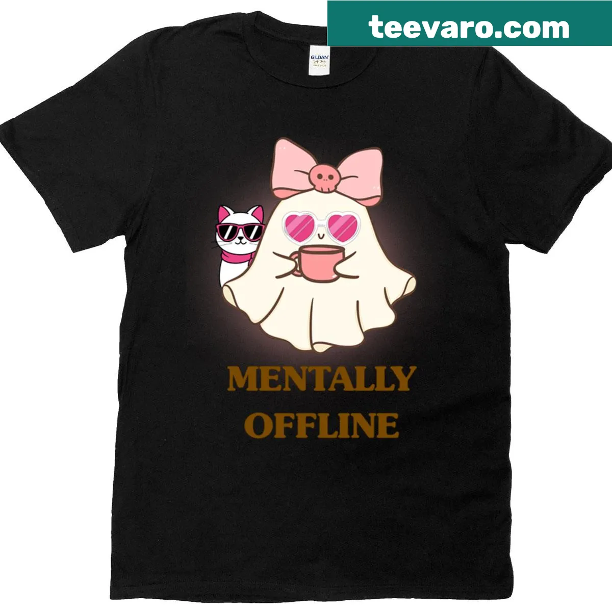 Cute ghost cat graphic on t-shirt — on a men's t-shirt