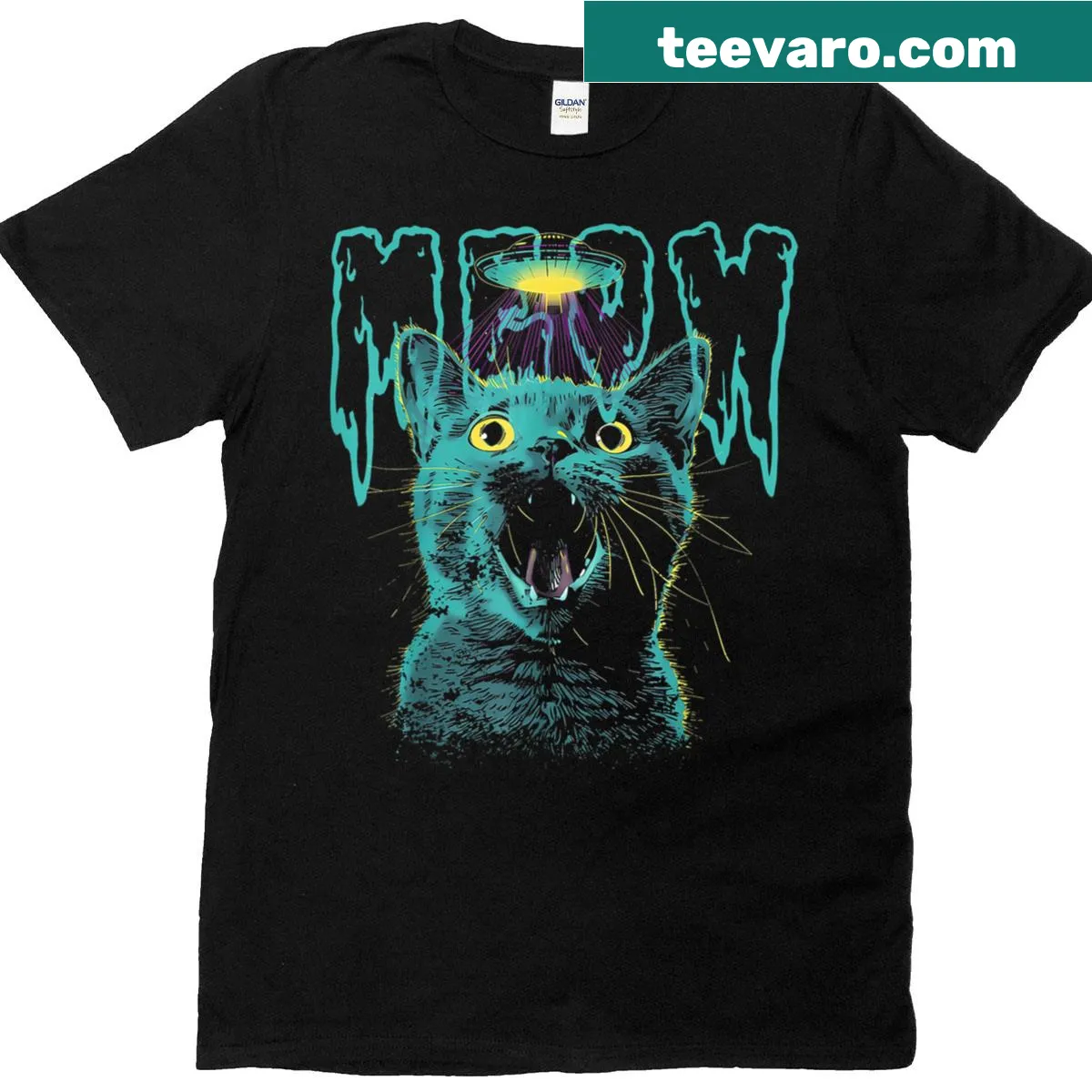 Vintage cat-themed t-shirt with UFO and humorous graphics — on a men's t-shirt