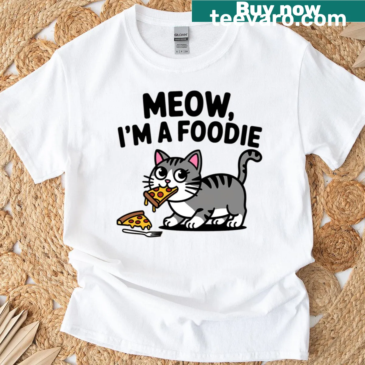 Cute cat illustration with the text Meow I'm a Foodie — on a men's t-shirt