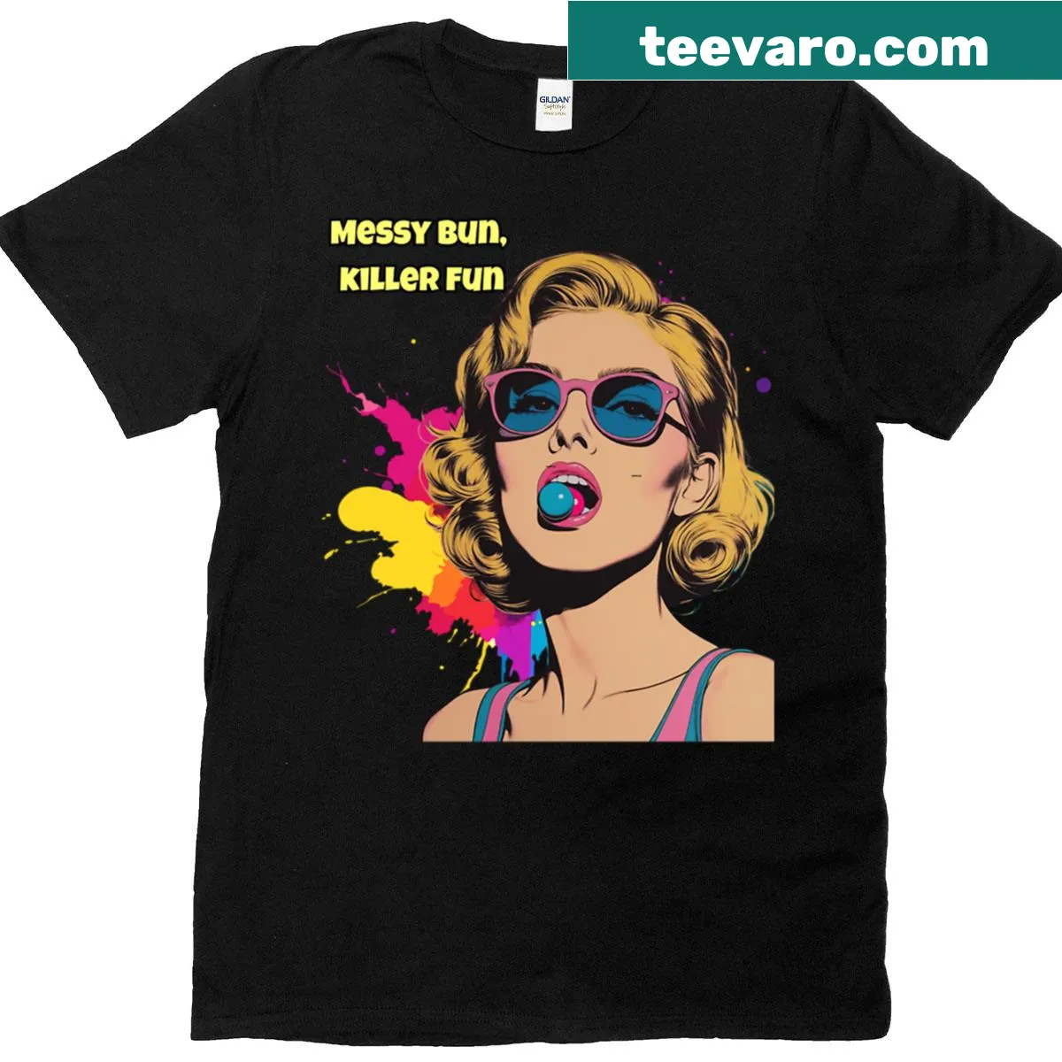 Retro pop art t-shirt featuring a girl with a messy bun — on a men's t-shirt