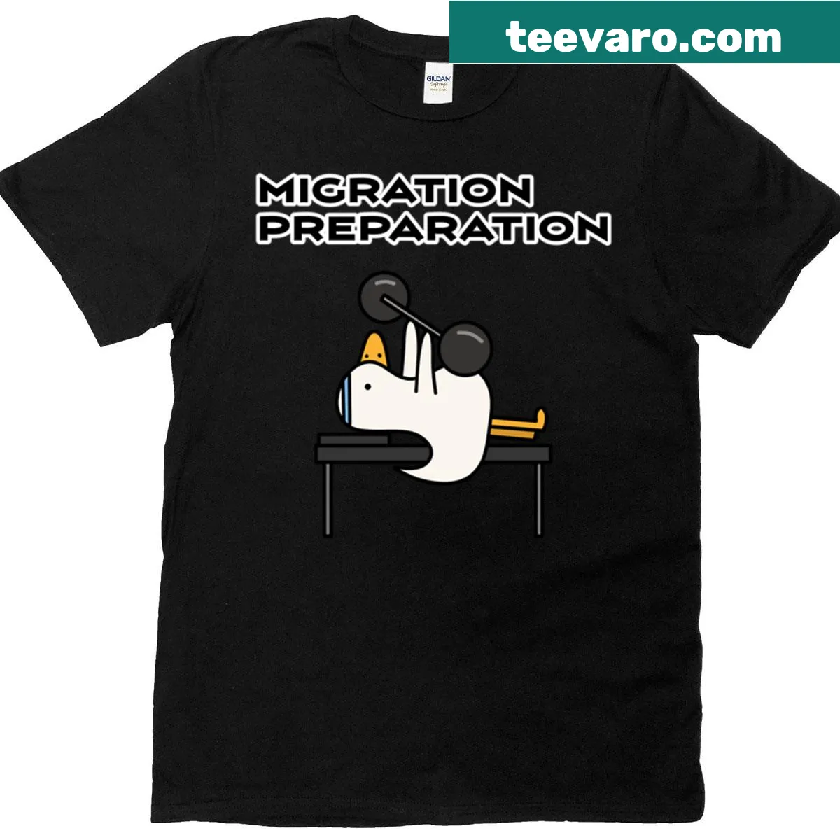 Funny duck lifting weights graphic tee with vintage style and humorous text — on a men's t-shirt