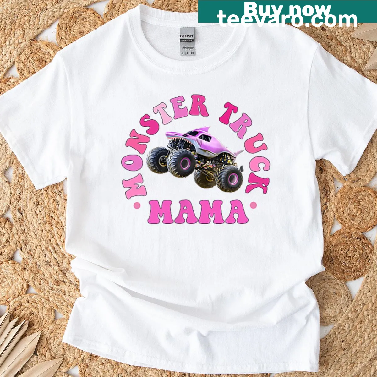 Bold typography t-shirt declaring 'Monster Truck Mom' on both sides — on a men's t-shirt