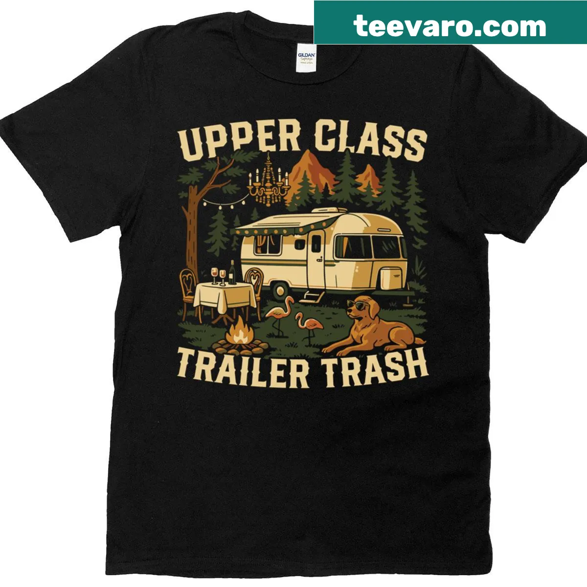 Retro camping t-shirt with trailer trash humor — on a men's t-shirt