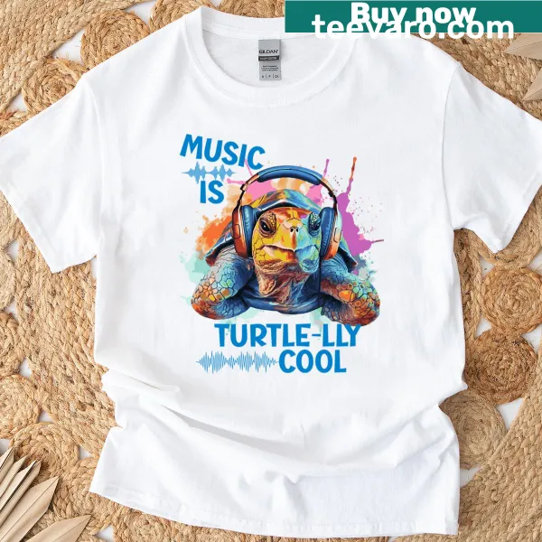T-shirt featuring a turtle with headphones and 'Music Is Turttle-lly Cool'