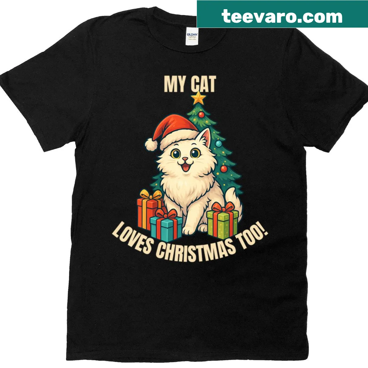 Funny Christmas cat graphic T-shirt for cat lovers — on a men's t-shirt