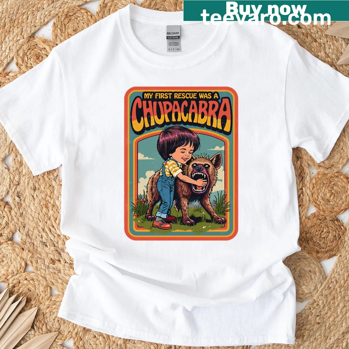 Retro design featuring Chupacabra with the text My First Rescue Was A Chupacabra — on a men's t-shirt