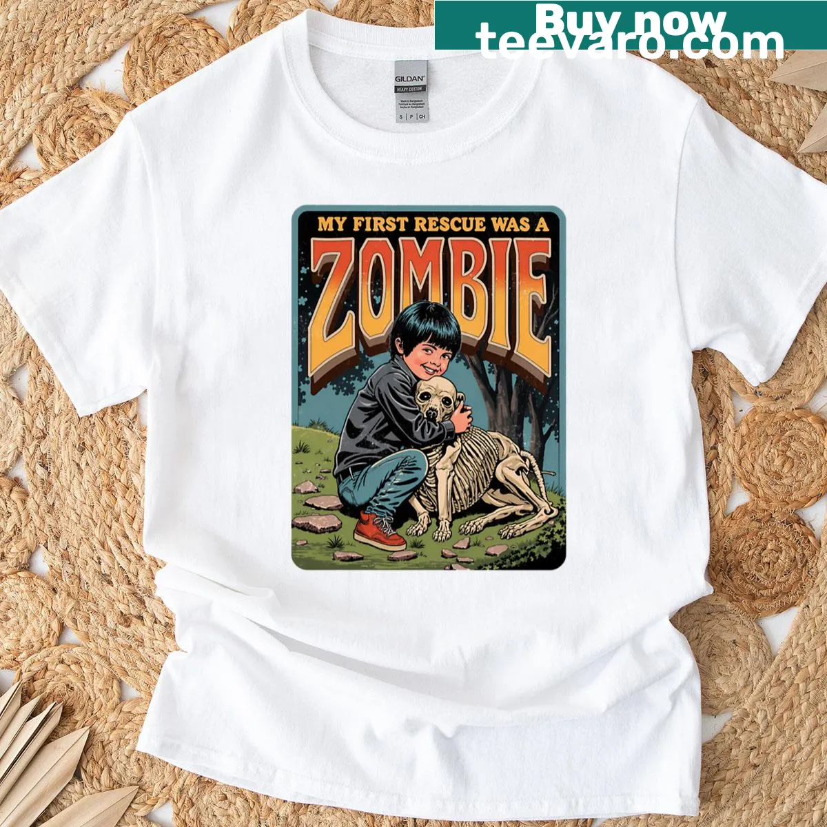 Funny retro graphic of a zombie dog on the rescue-themed t-shirt — on a men's t-shirt