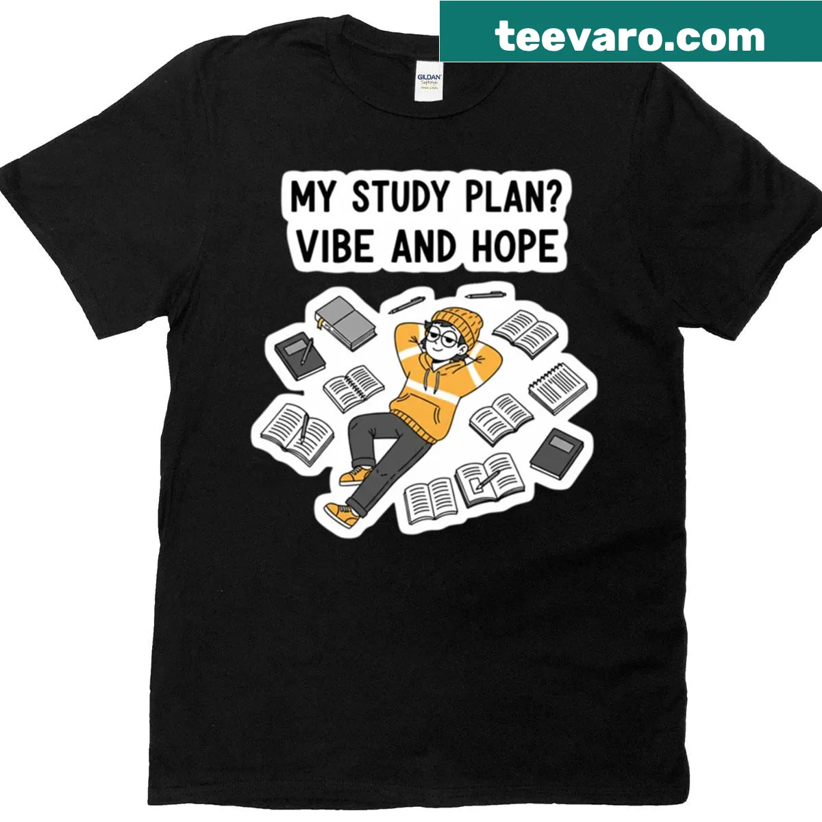 Oversized t-shirt with playful study plan vibe graphic. — on a men's t-shirt